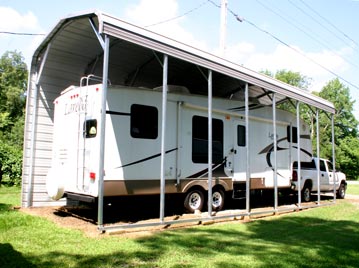 RV metal carport kits can come fully enclosed, with only one wall to block the wind, or completely open.